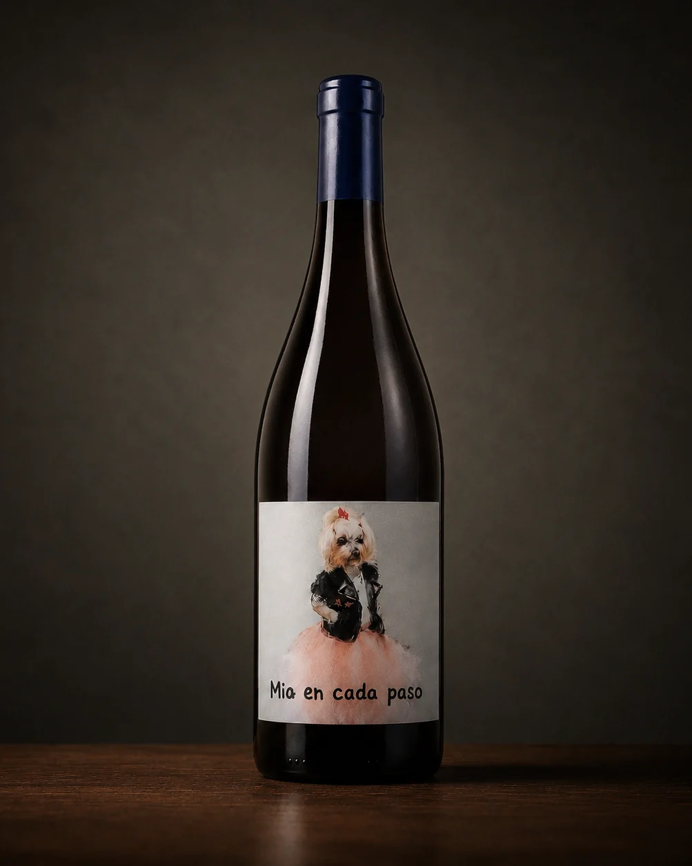 Botella de Mia en Cada Paso sobre madera, con cápsula azul