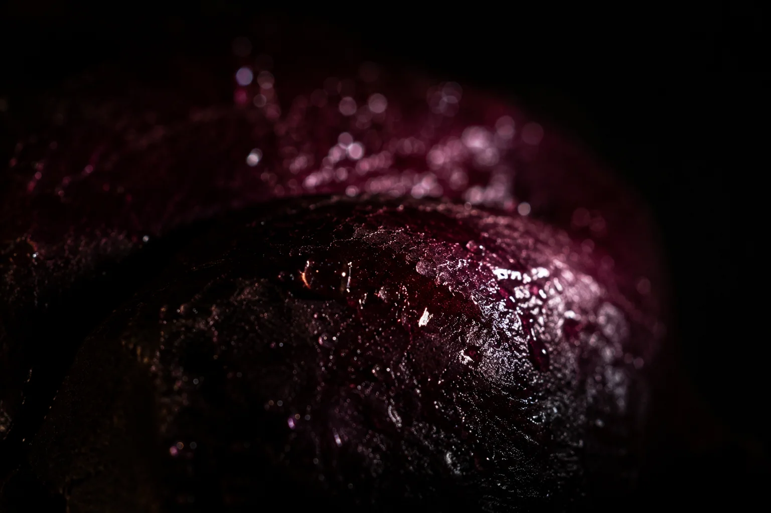 Macro de la piel de una uva mencía con gotas de agua